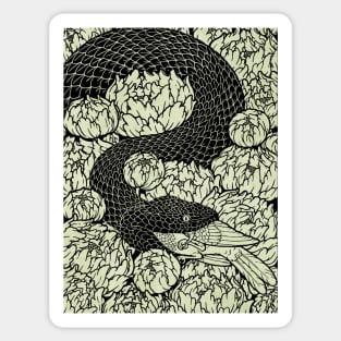 Serpent, Bird, and Peonies Sticker